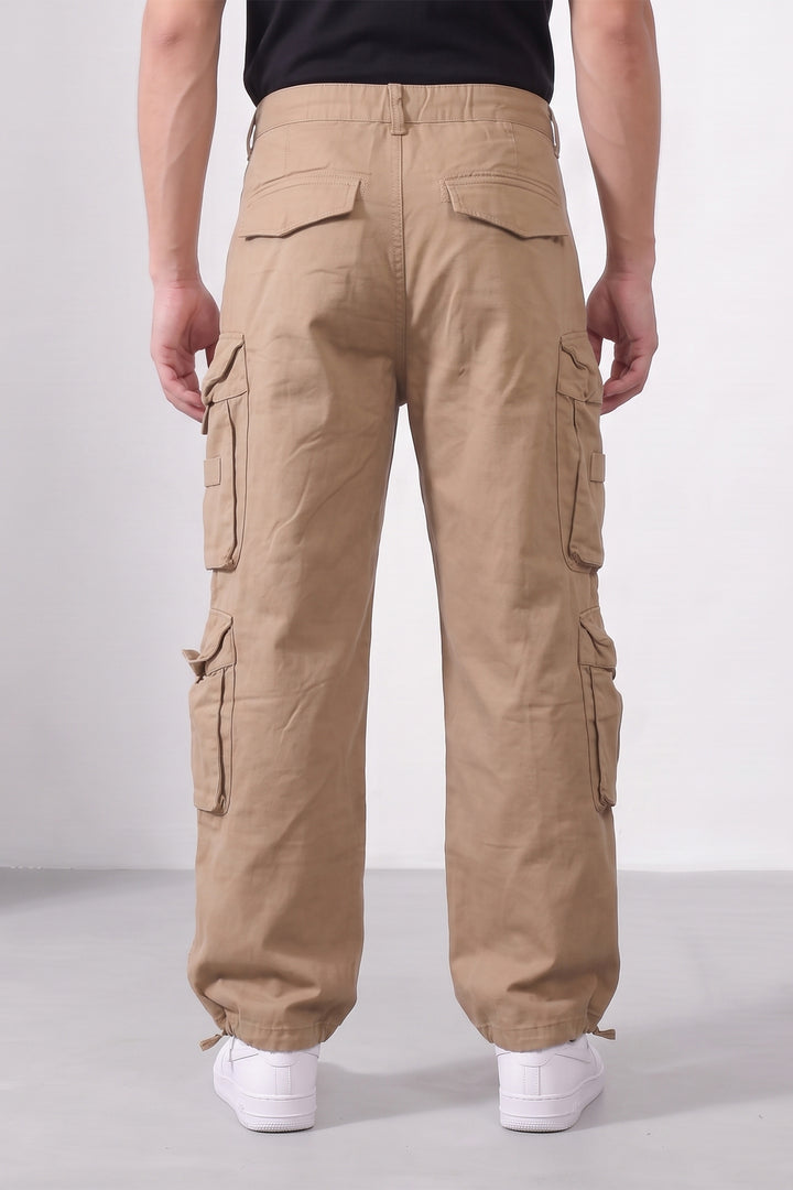 Brown Mens Solid 8-Pocket Cotton Cargo Pant