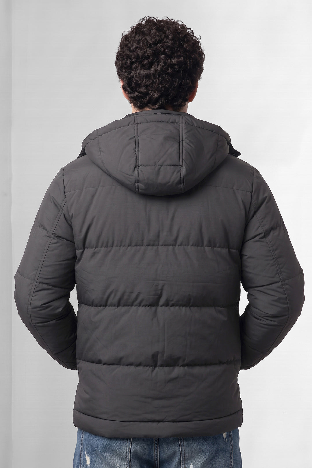 Grey Hooded Padded Winter Jacket with Detachable Hood