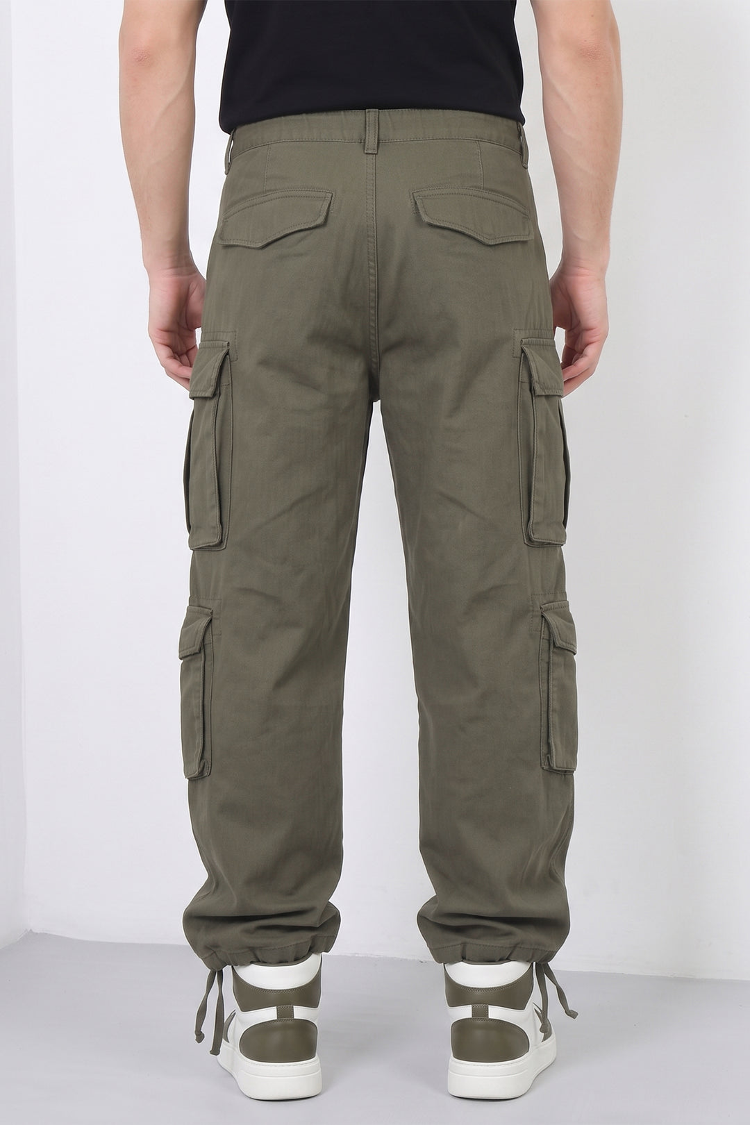 Olive Green Mens Solid 8-Pocket Cotton Cargo Pant