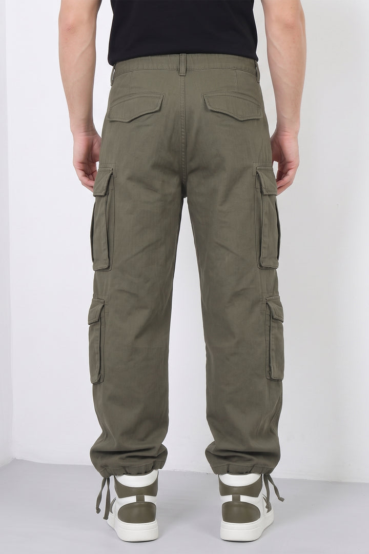 Olive Green Mens Solid 8-Pocket Cotton Cargo Pant