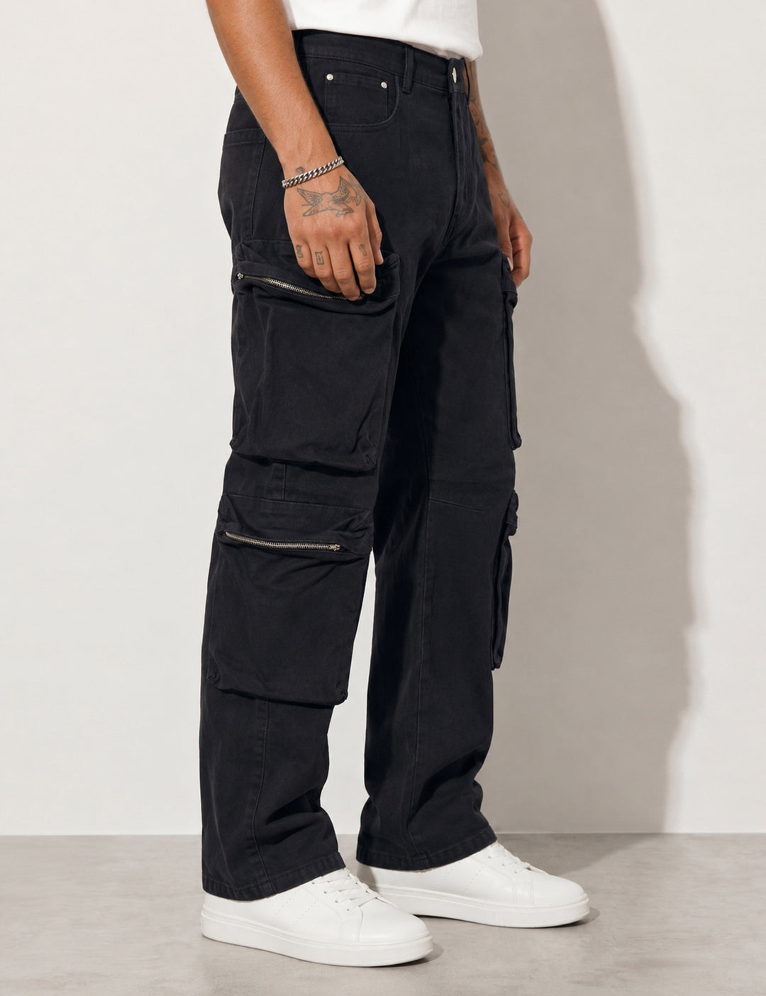 Black Men Button Closure Denim Cargo