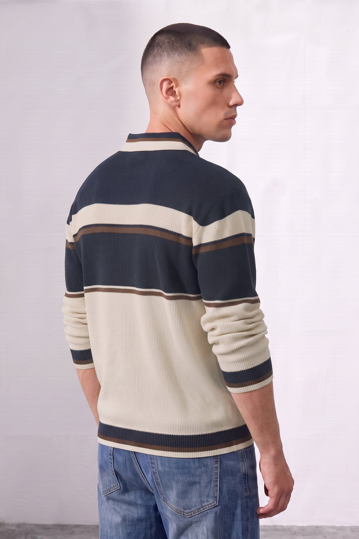 Navy White Men Regular Fit Flat Knit Striped Polo Neck Pullover