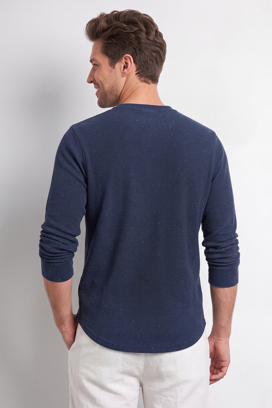 Navy Blue Self Waffle Knit Henley T-Shirt