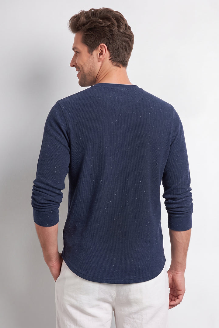 Navy Blue Self Waffle Knit Henley T-Shirt