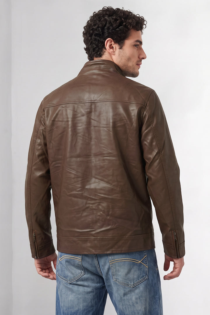 Dark Brown Textured Faux Leather Winter Jacket
