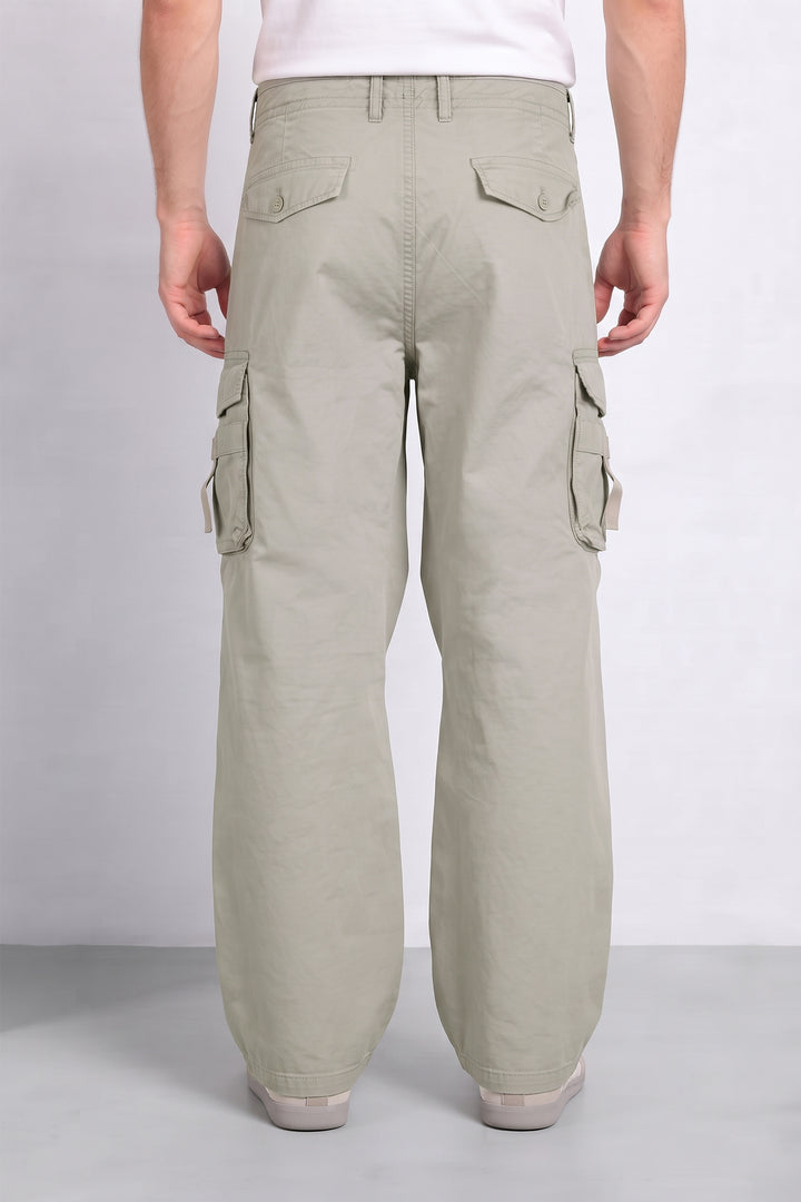 Light Grey Men 6 Multi Pocket Cotton Cargo Trousers
