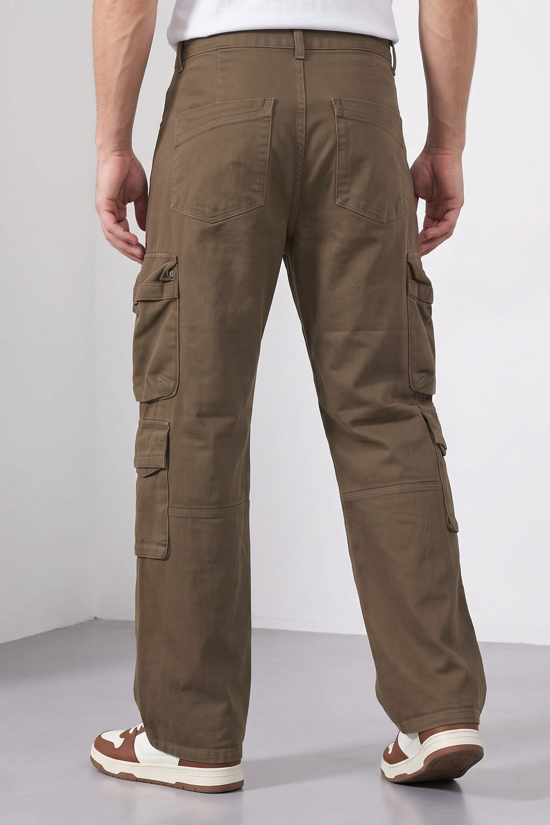 Brown Men 8 Multi Pocket Cotton Cargo Trousers