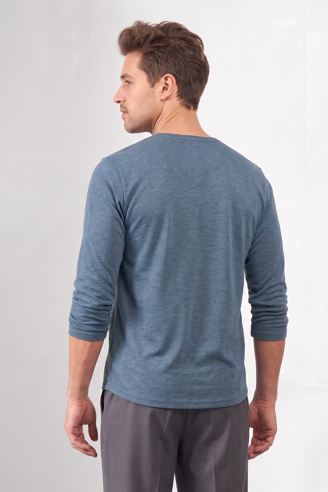 Blue Cotton Knit Full Sleeve Henley T-Shirt
