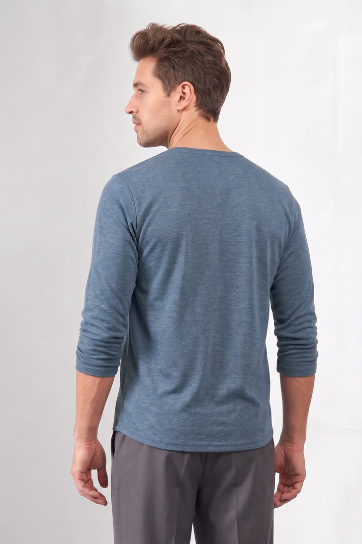 Blue Cotton Knit Full Sleeve Henley T-Shirt
