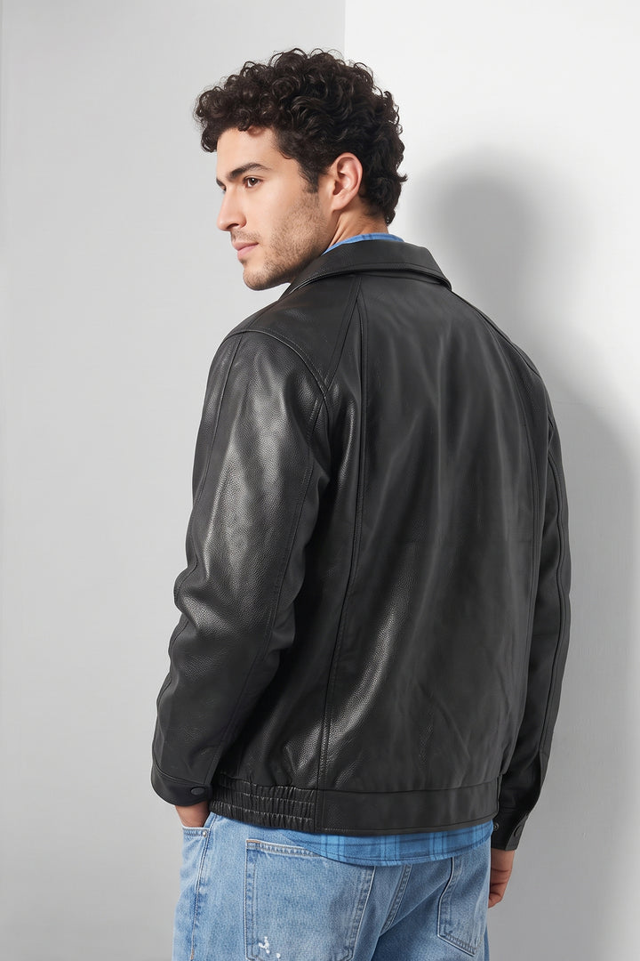 Black Textured Faux Leather Zip-Front Jacket