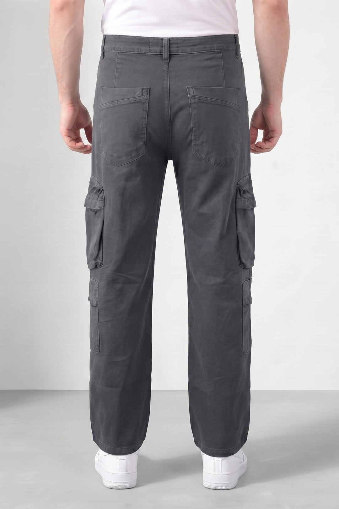 Grey Mens Solid 8-Pocket Cotton Cargo Pant