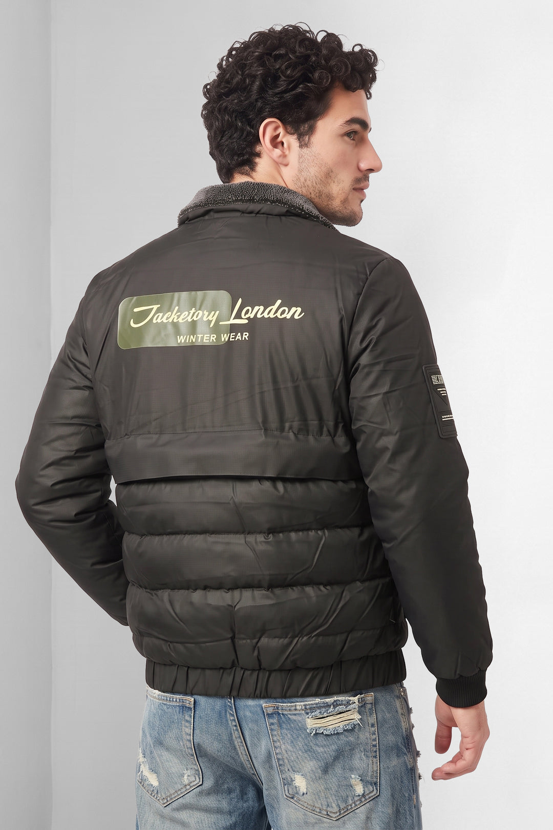 Black Quilted Puffer Jacket with Fur Collar