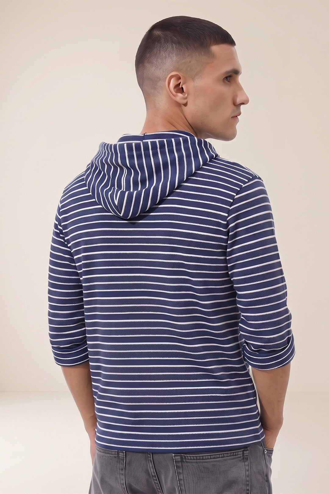 Navy Blue Full Sleeve Striped Hooded T-Shirt