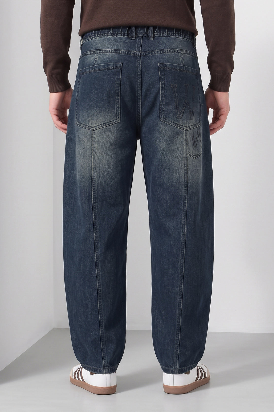 Blue Barrel Fit Denim Jeans with Contrast Drawstring Detail