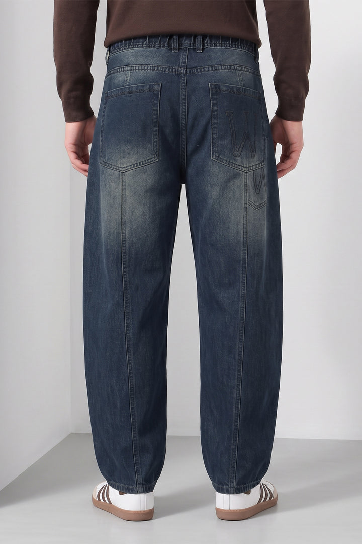 Blue Barrel Fit Denim Jeans with Contrast Drawstring Detail