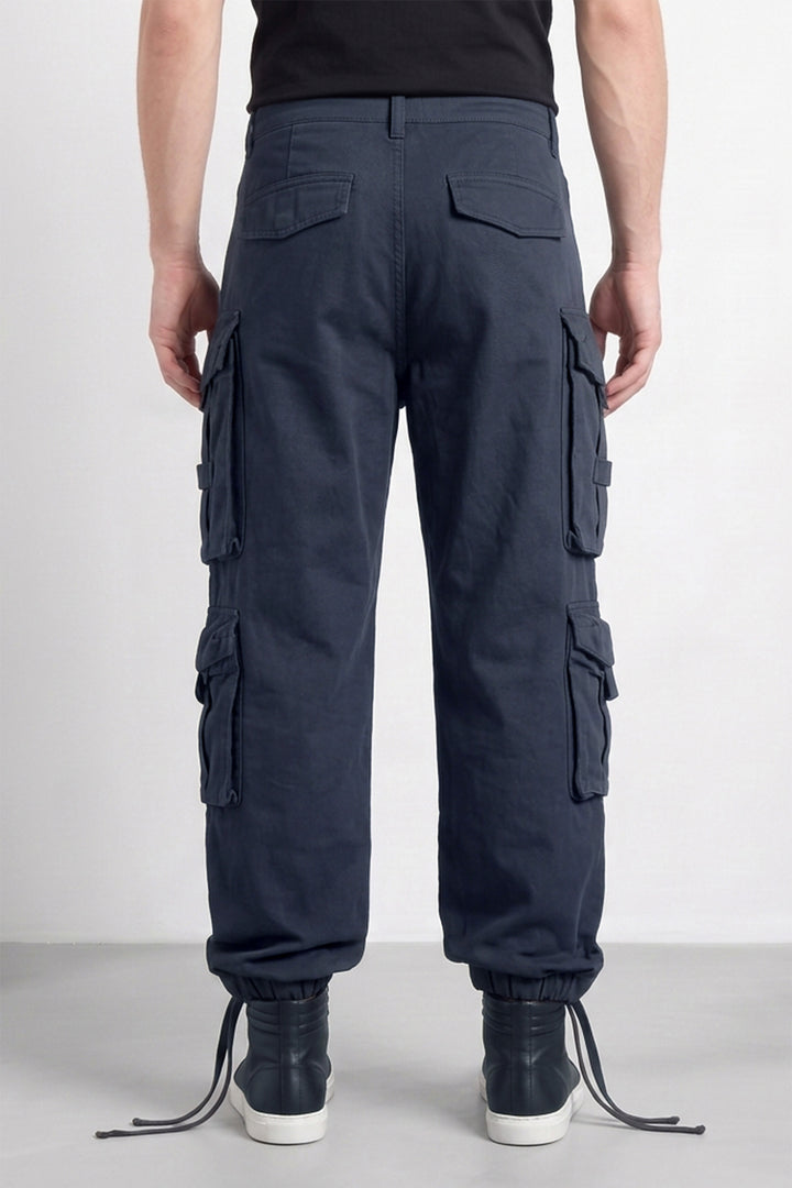 Black Mens Solid 8-Pocket Cotton Cargo Pant