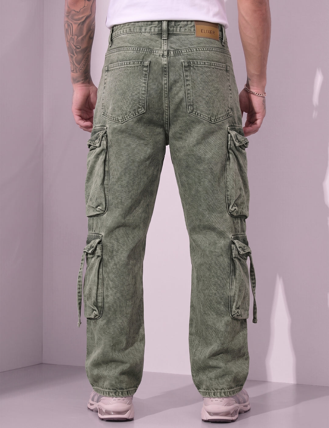 Green Men Button Closure Denim Cargo