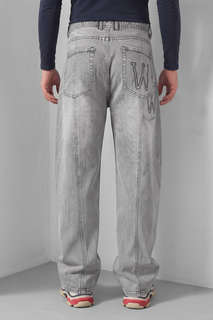 Light Blue Barrel Fit Denim Jeans with Contrast Drawstring Detail