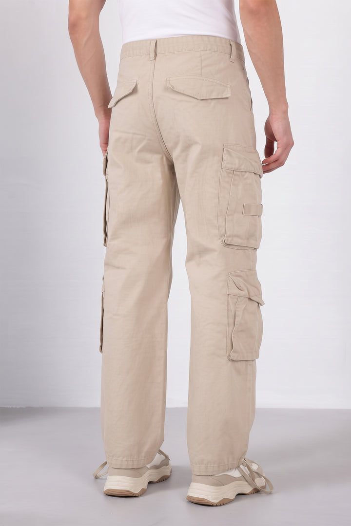 Cream Mens Solid 8-Pocket Cotton Cargo Pant