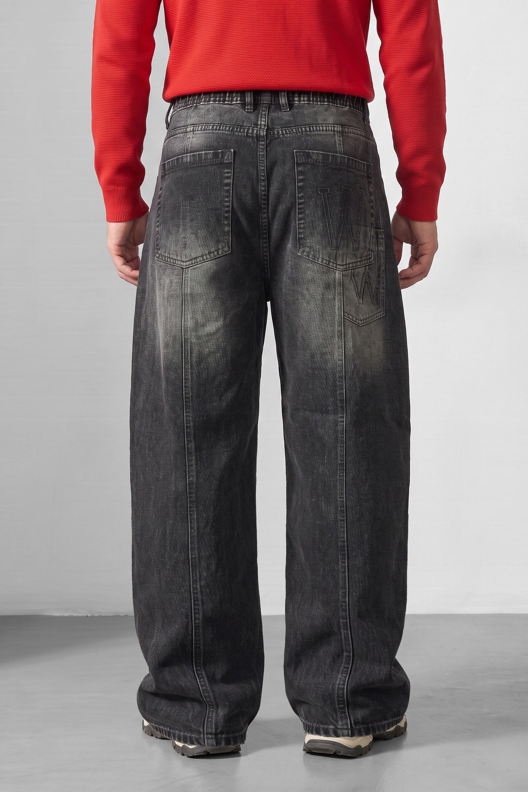 Black Barrel Denim Jeans with Contrast Drawstring Detail