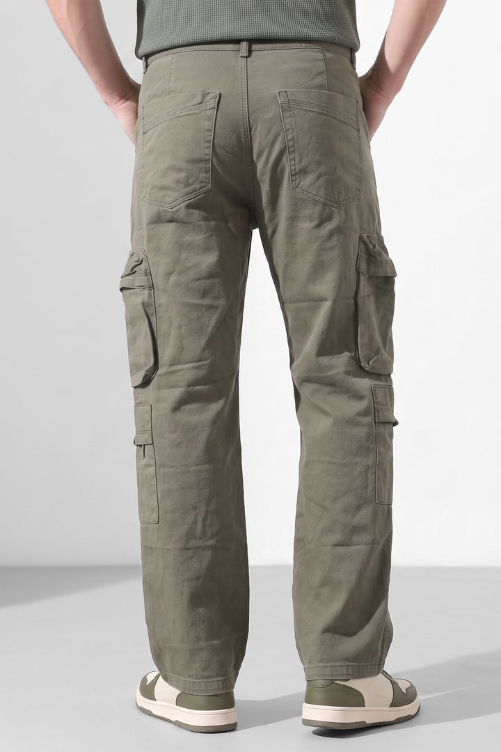 Light Green Mens Solid 8-Pocket Cotton Cargo Pant