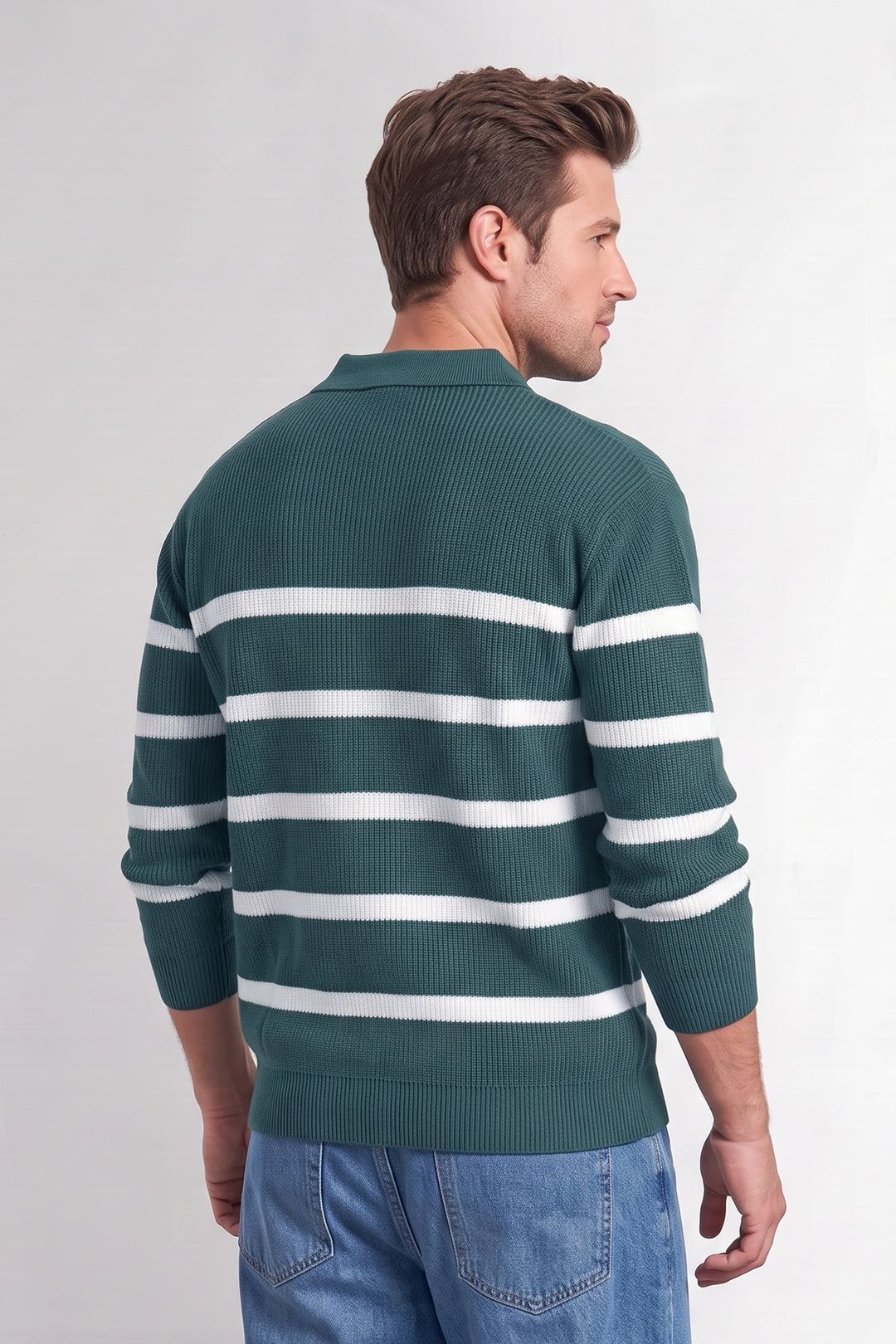 Green Men Regular Fit Flat Knit Striped Collar Neck Pullover
