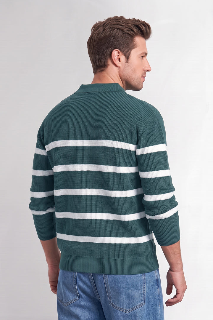 Green Men Regular Fit Flat Knit Striped Collar Neck Pullover