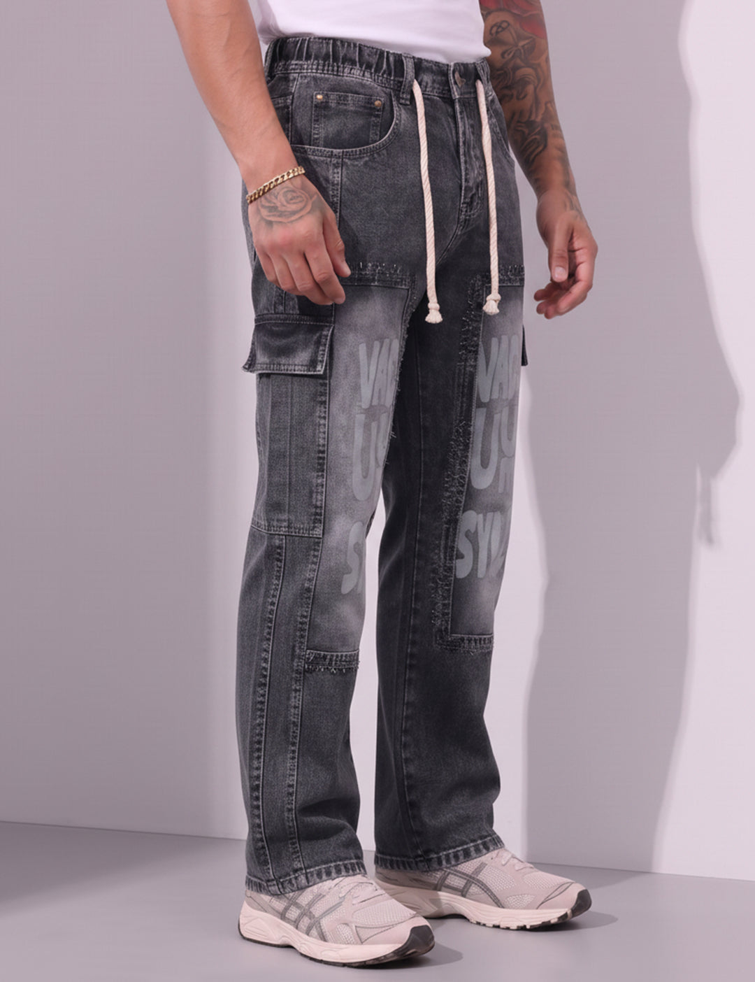 Dark Blue Men Elastic Typographic Cargo Pant