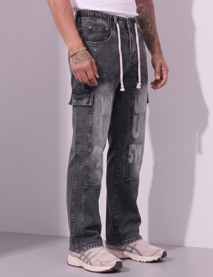 Dark Blue Men Elastic Typographic Cargo Pant