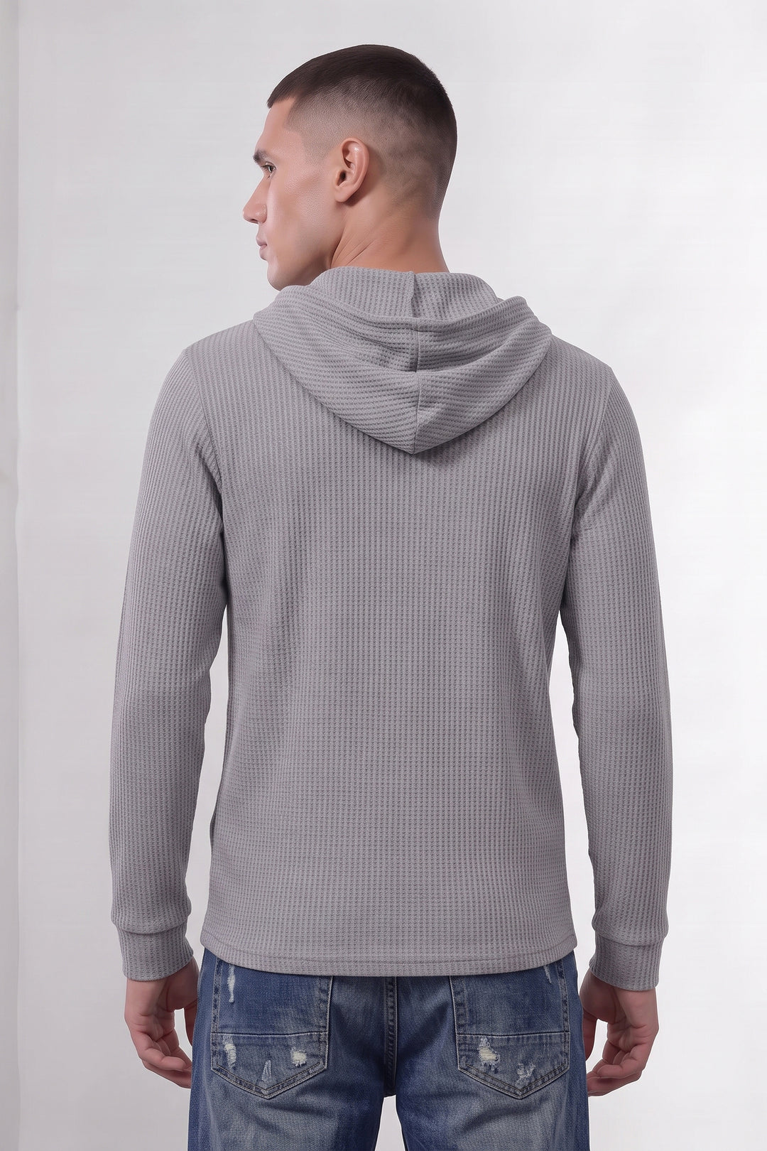 Grey Waffle Placket Hooded T-Shirt