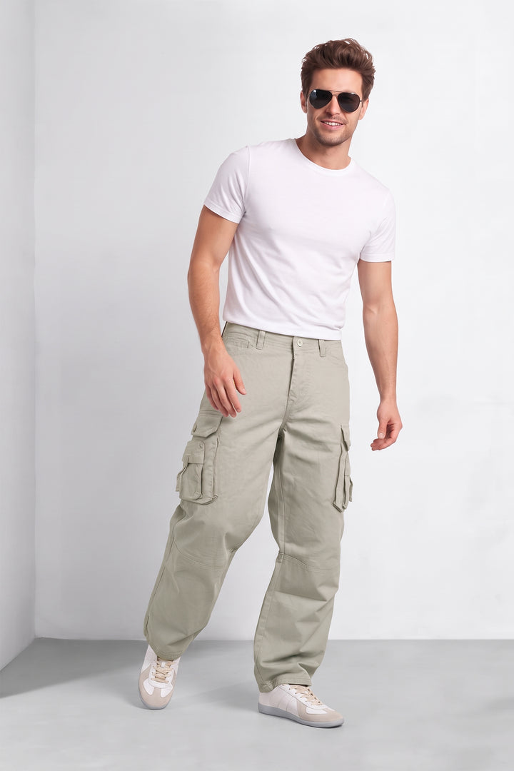 Light Grey Men 6 Multi Pocket Cotton Cargo Trousers