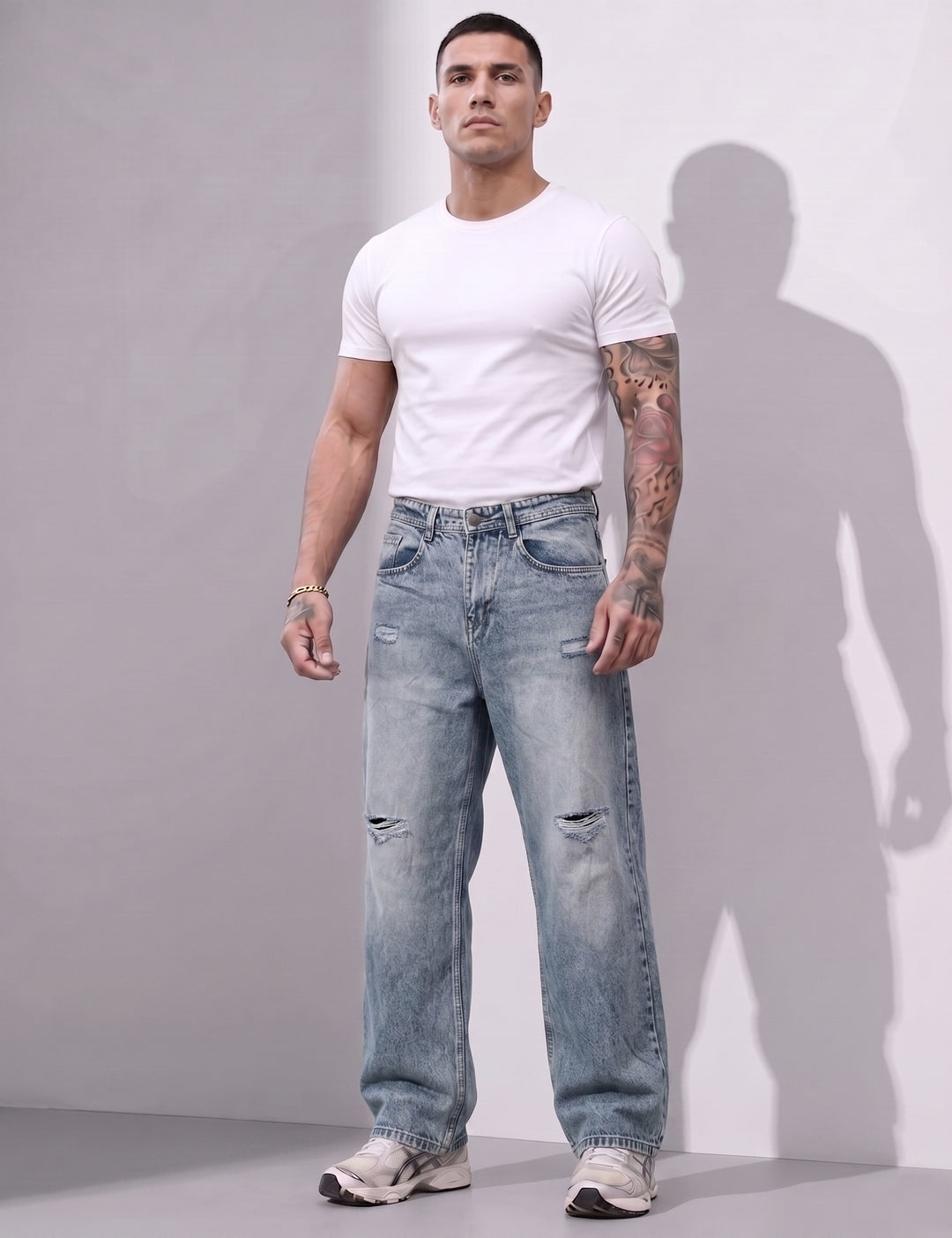 Blue Men Button Closure Denim Cargo