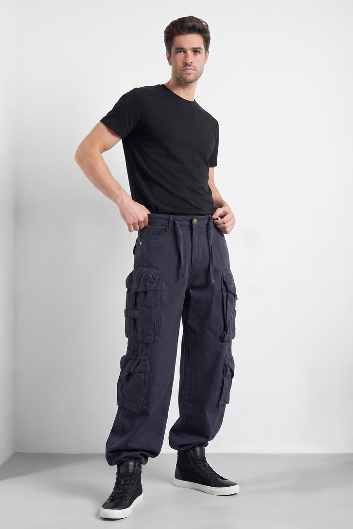 Black Mens Solid 8-Pocket Cotton Cargo Pant