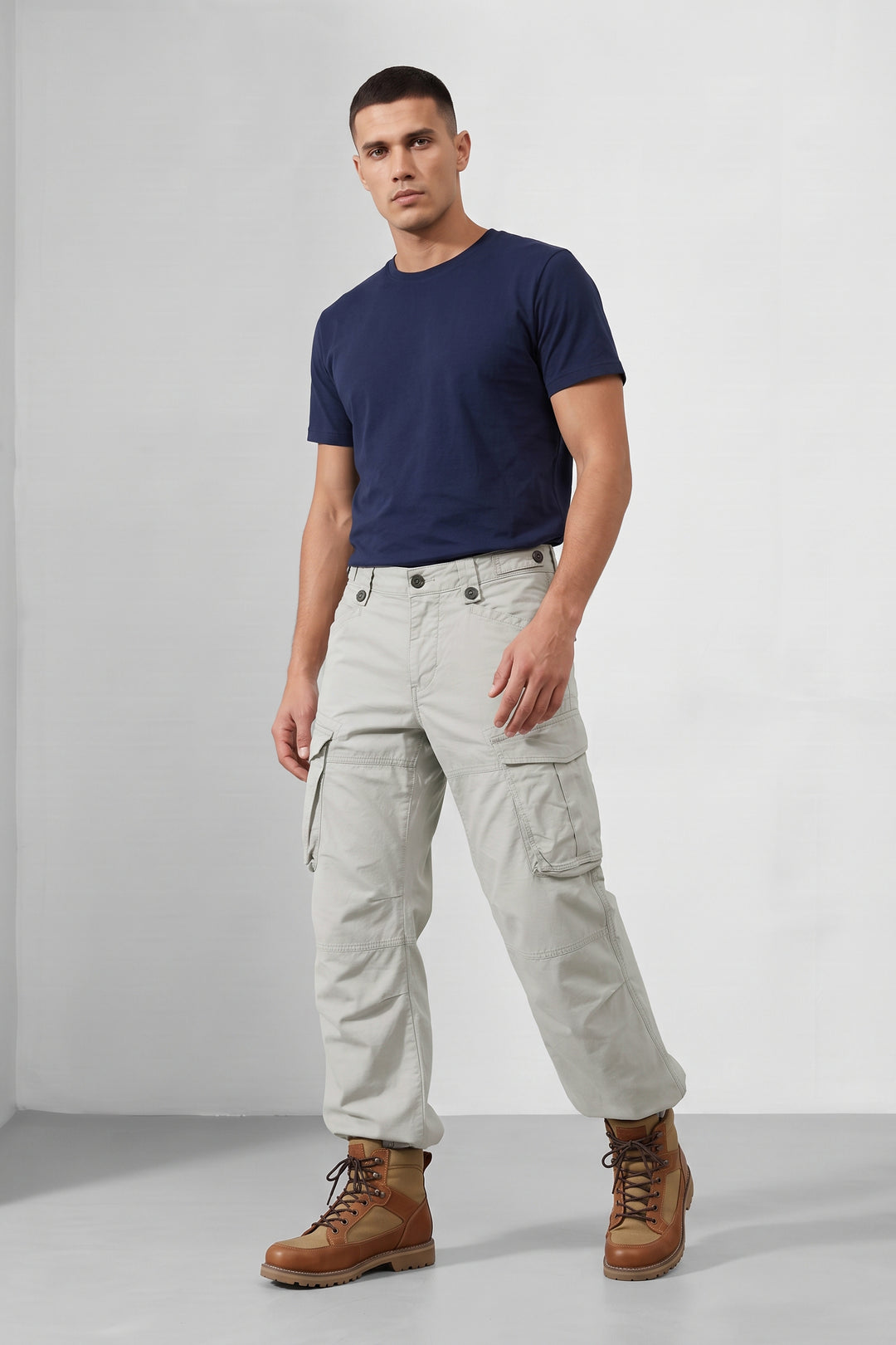 Grey Black Men 8 Multi Pocket Cotton Cargo Trousers