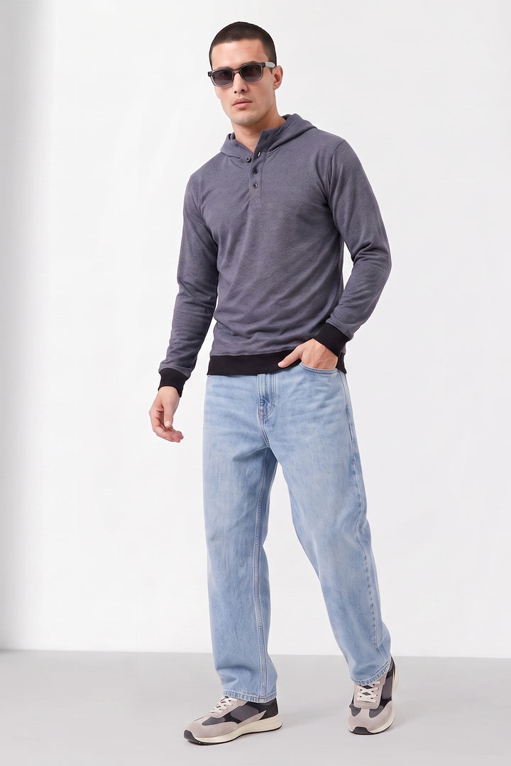 Grey Hooded Full Sleeve Cotton T-Shirt