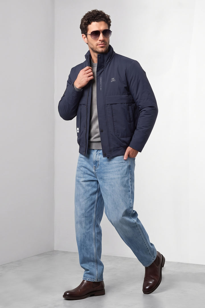 Dark Navy Quilted Puffer Jacket with Fur Collar