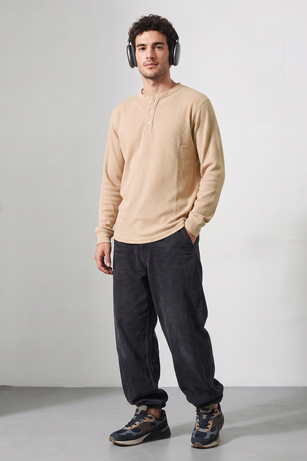 Peach Waffle-Knit Long Sleeve Henley T-Shirt
