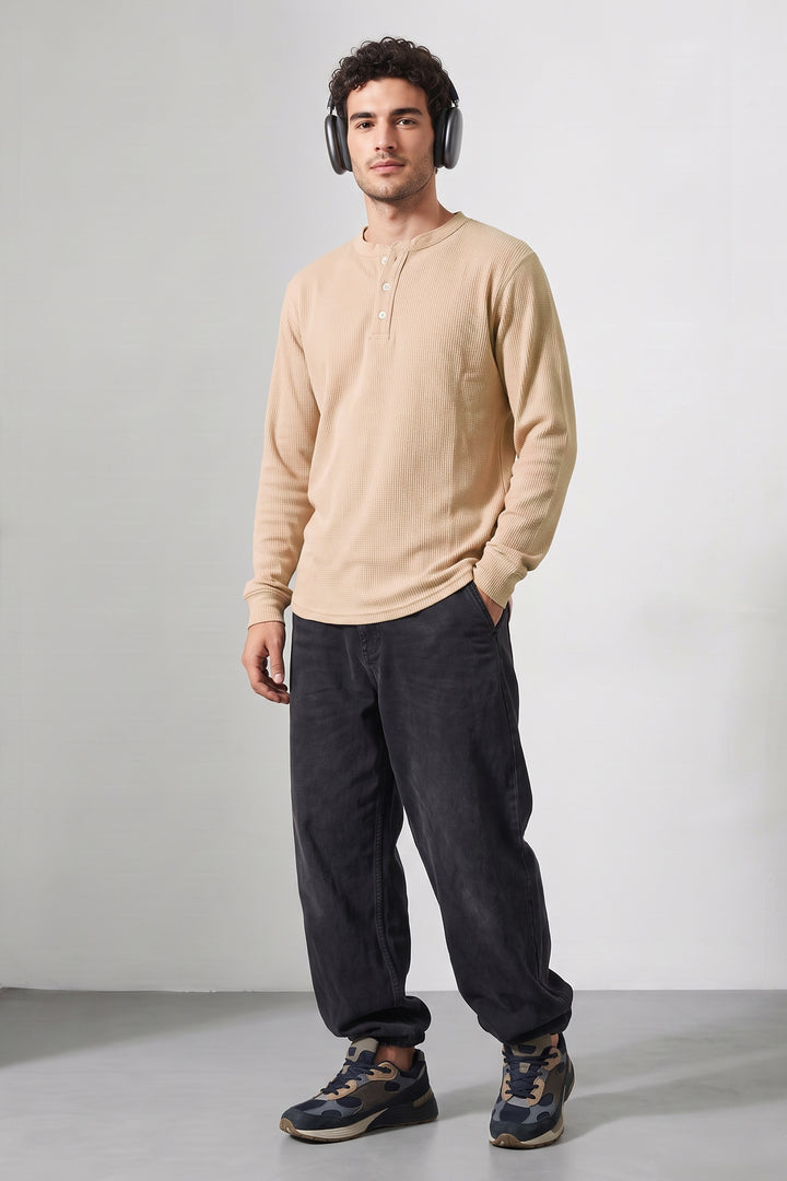 Peach Waffle-Knit Long Sleeve Henley T-Shirt