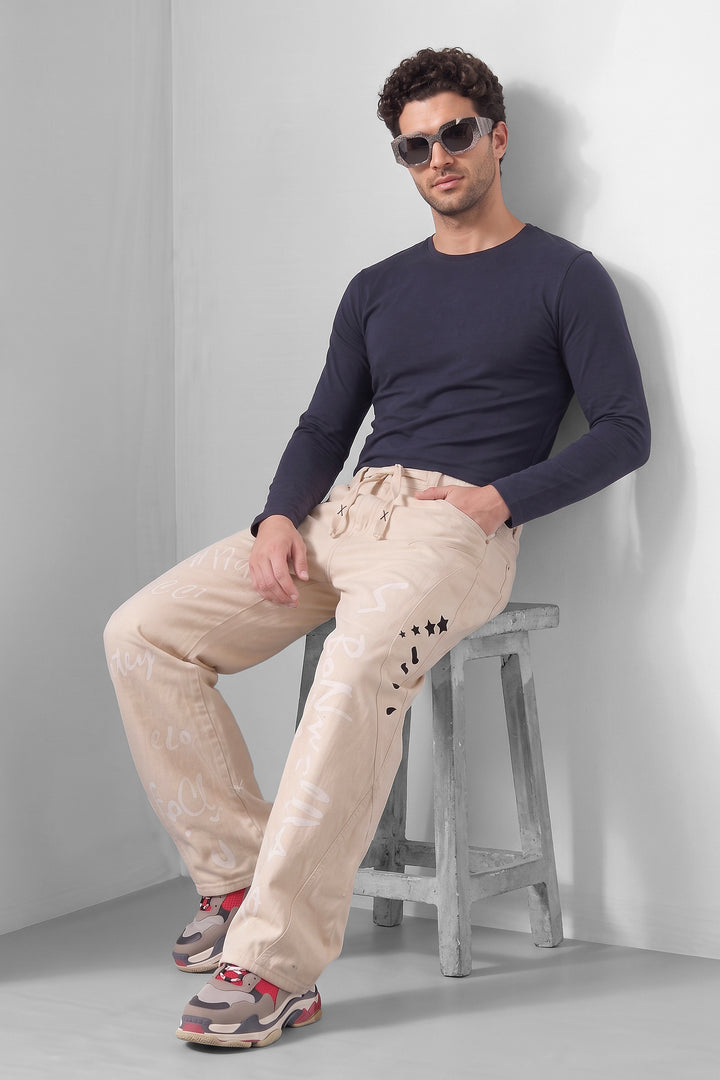 Cream Typographic Denim Jeans with Contrast Drawstring Detail
