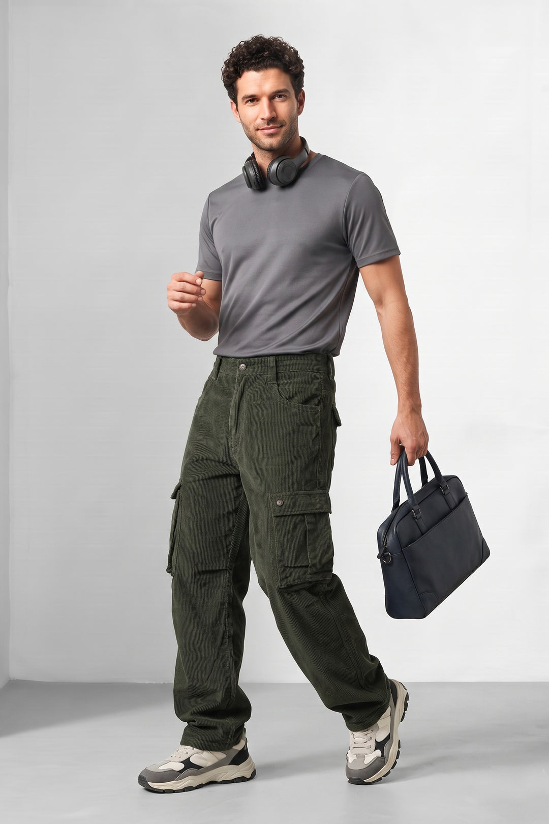 Olive Premium Corduroy Multi-Pocket Cargo Trousers