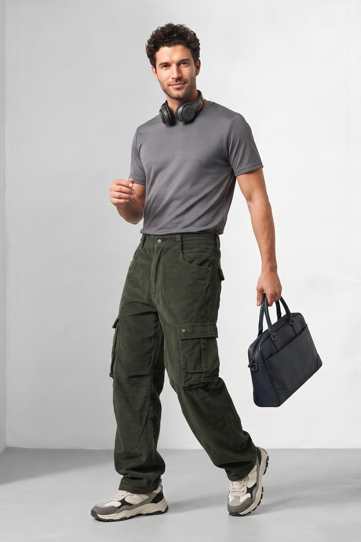 Olive Premium Corduroy Multi-Pocket Cargo Trousers