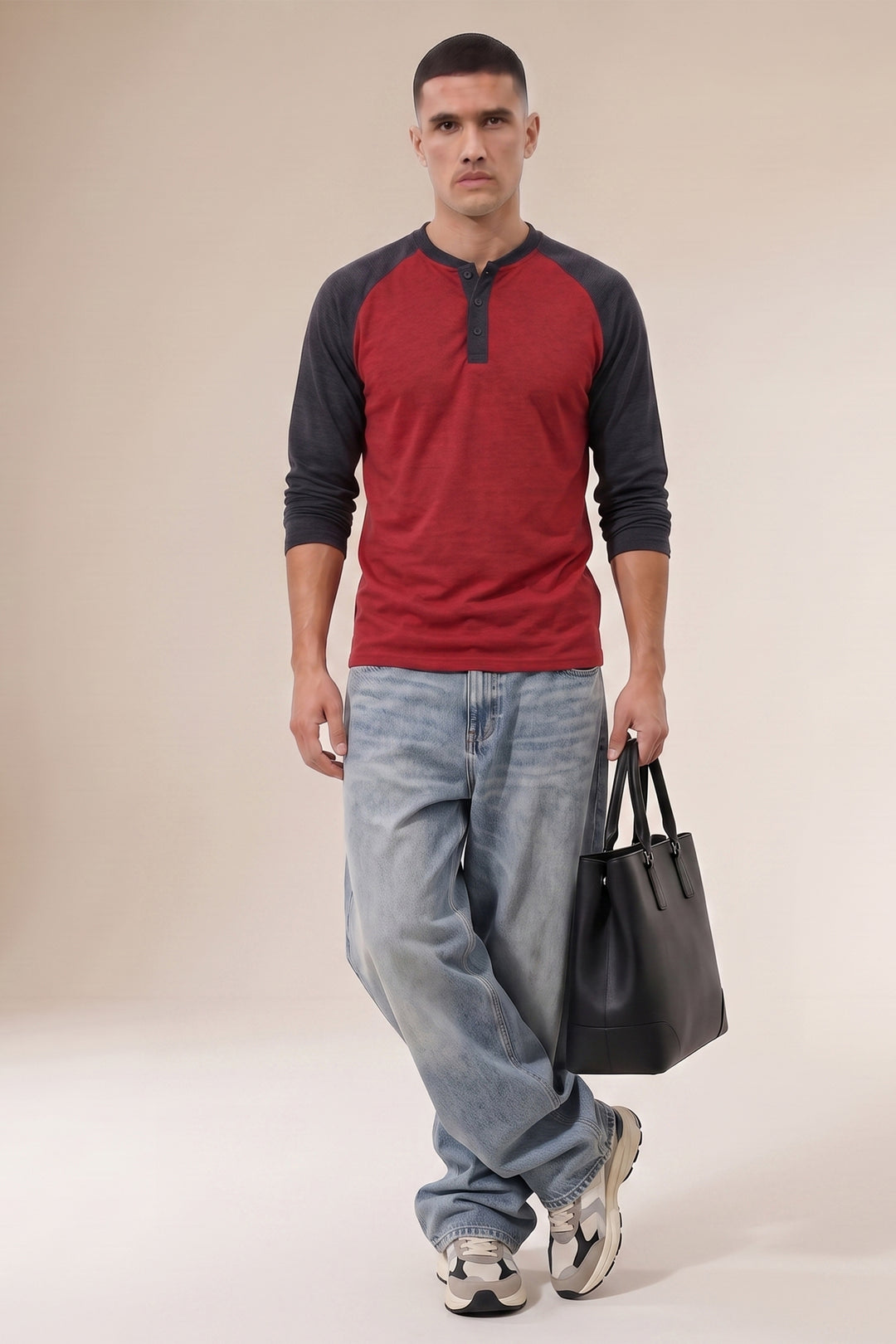 Maroon Full Sleeve Color Blocked Henley T-Shirt