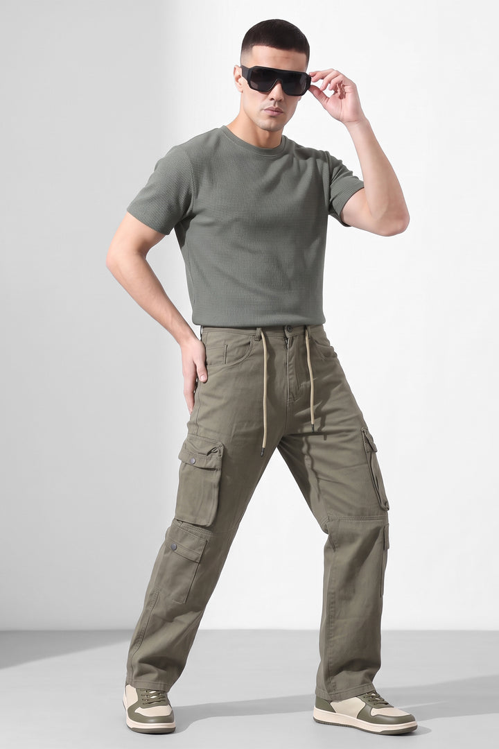 Light Green Mens Solid 8-Pocket Cotton Cargo Pant
