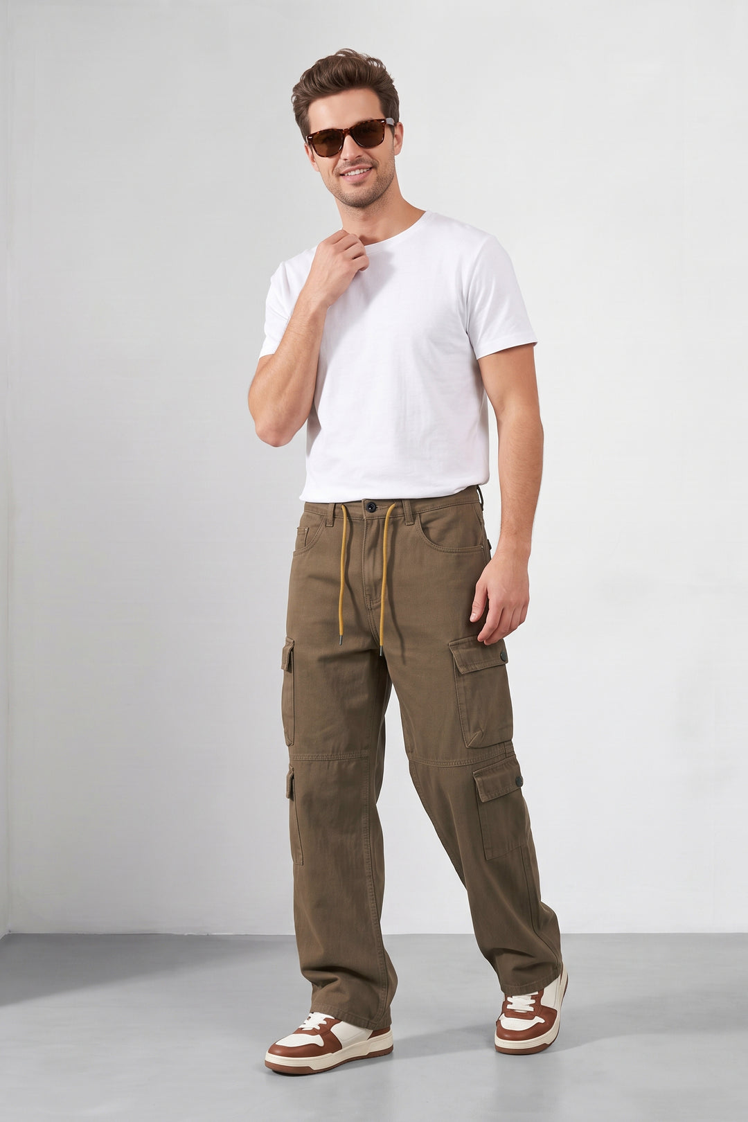 Brown Men 8 Multi Pocket Cotton Cargo Trousers