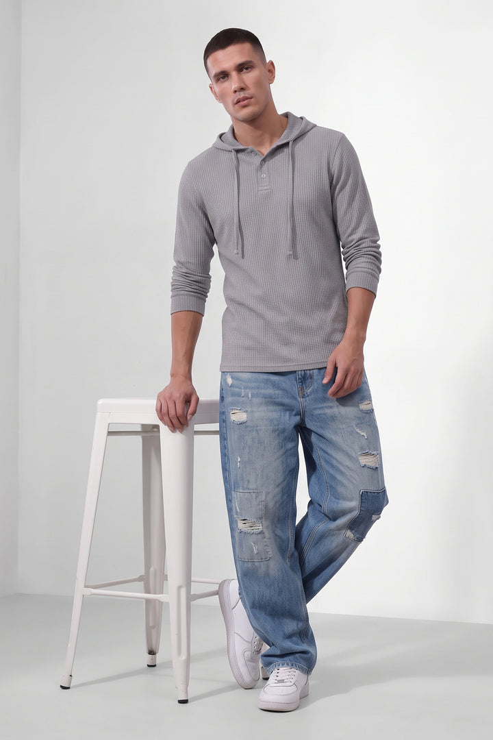 Grey Waffle Placket Hooded T-Shirt