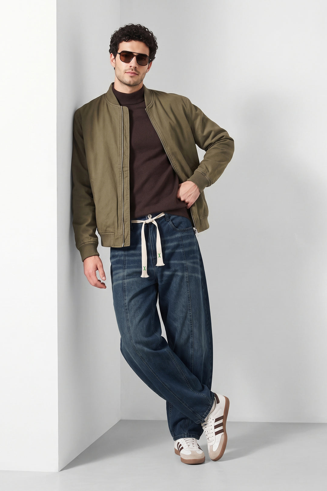 Blue Barrel Fit Denim Jeans with Contrast Drawstring Detail