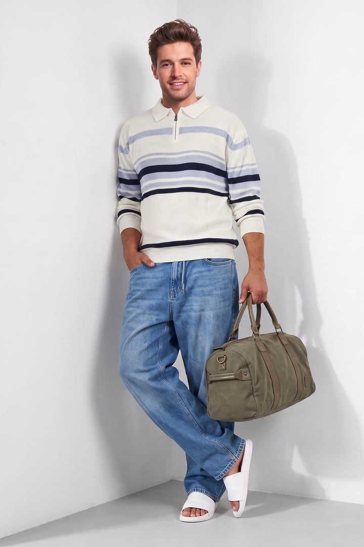 White Men Regular Fit Flat Knit Colorblocked Collar Neck Pullover