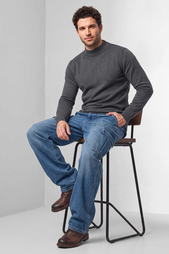 Dark Grey Solid Mock Neck Full Sleeve Fine-Knit Sweater
