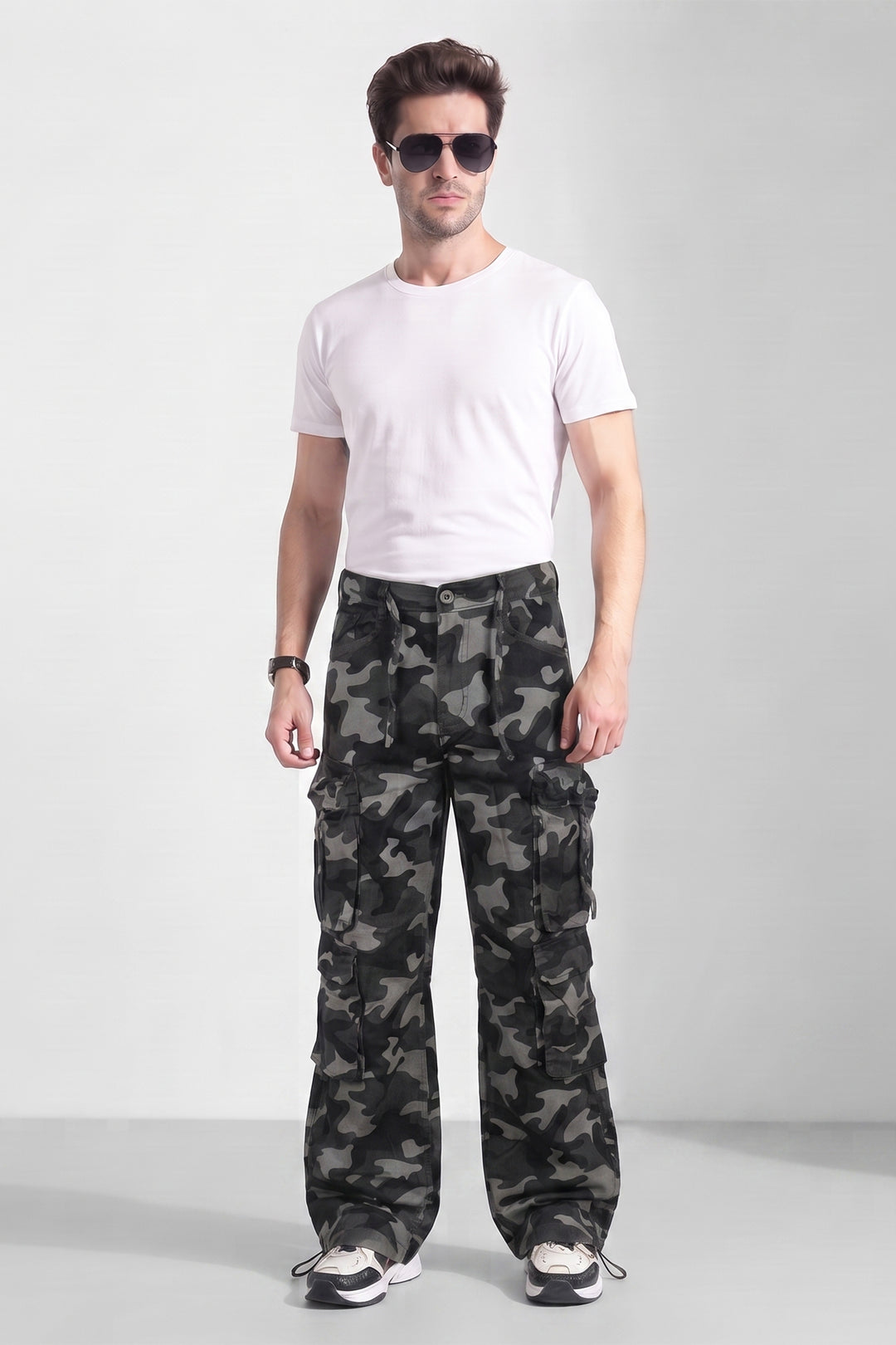 Grey Mens Camouflage 8-Pocket Cotton Cargo Pant