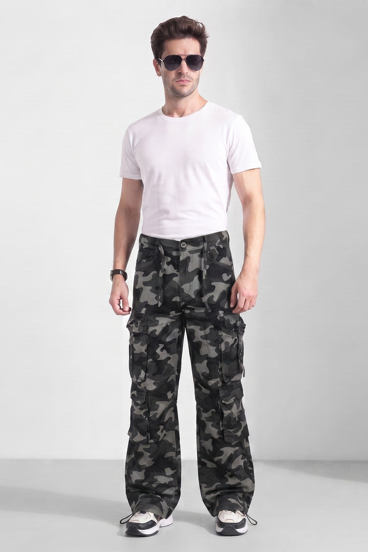 Grey Mens Camouflage 8-Pocket Cotton Cargo Pant